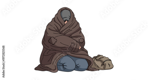 A poor, homeless person wrapped in a patched coat sitting alone. Vector illustration of poverty and social issues