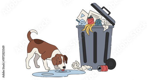 Stray dog drinking from a puddle next to an overflowing trash can. Vector illustration