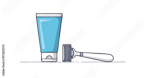 Shaving cream tube and a razor in a simple line art style illustration. Men's grooming and personal care concept