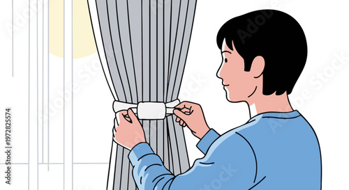Young man adjusting a curtain tieback by a sunny window. Vector illustration of a person at home