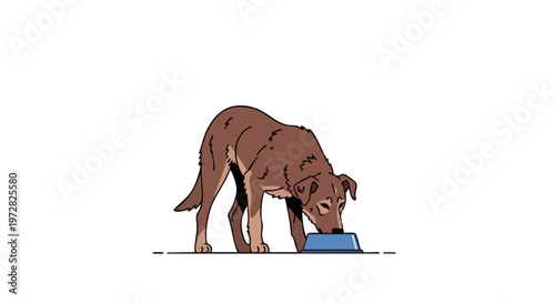 Vector illustration of a stray brown dog eating food from a blue bowl, isolated on a white background