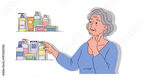 Elderly woman choosing skincare moisturizer. Senior lady thinking about cosmetic product choice in a store. Vector illustration