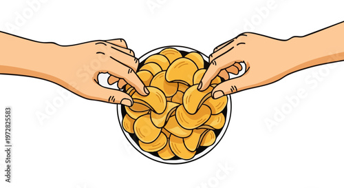 Top view illustration of two hands grabbing potato chips from a bowl. Cartoon style vector graphic isolated on white