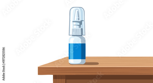 Nasal spray bottle with blue label on a wooden surface. Vector illustration isolated on white background