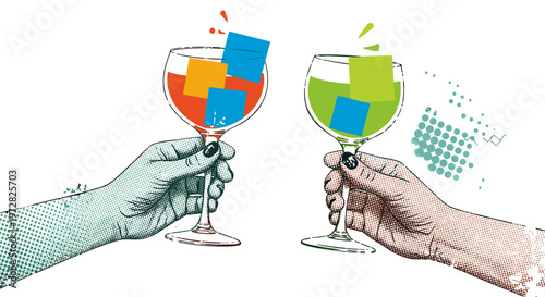 Two hands toasting with colorful drinks and ice cubes celebrating success