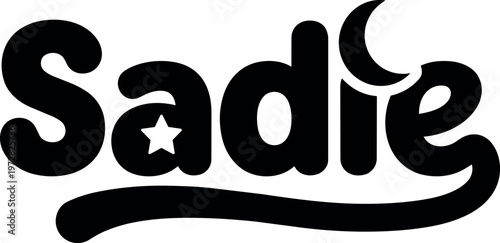 Black and white sadie script lettering with star and crescent moon accents
