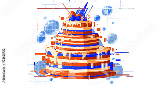 Festive multi tiered cake with drips and whimsical blue accents on white background