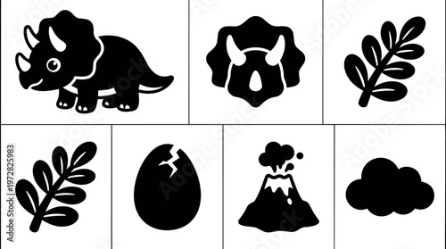 Black and white silhouette triceratops dinosaur with volcano and cracked egg icons