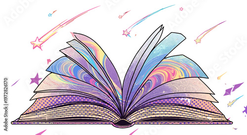 Open magical book with colorful pages and shooting stars fantasy and imagination