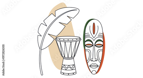 African mask and drum with feather.