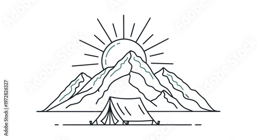 Tent pitched under sunny mountain peaks.