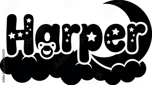Black and white harper lettering with stars moon and clouds