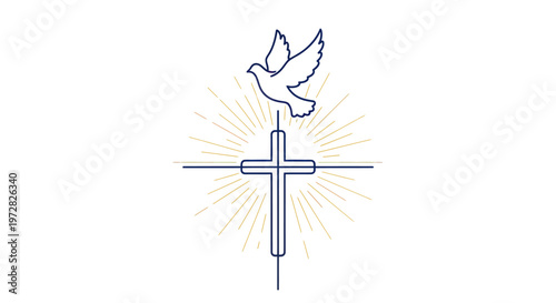 Dove flying over Christian cross symbol.
