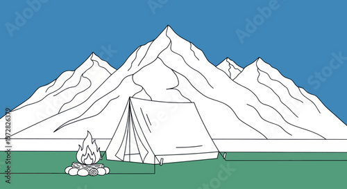 Camping Tent in Mountains Landscape Scene.