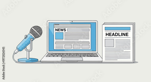 Microphone Laptop and Newspaper Illustration.