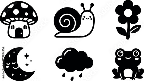 Cute black and white mushroom house snail flower moon cloud rain frog icons