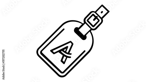 Luggage tag line icon vector illustration featuring a minimalist black and white design of a travel suitcase label with a buckle and letter A. Scalable AI-generated graphic for travel needs.