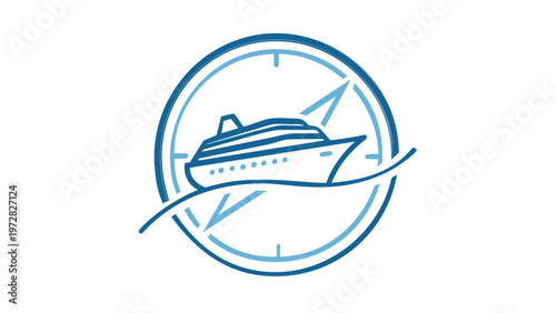 Blue line art vector illustration of a cruise ship sailing on a wave inside a compass dial, perfect for travel agency logos, maritime transport icons, and nautical vacation themes.