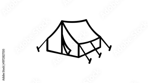 Minimalist camping tent vector icon illustration for outdoor adventure, travel, and hiking. Simple black line art design of a portable shelter for camping trips and nature exploration.