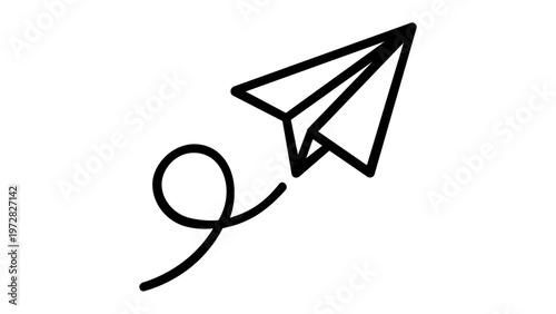 Minimalist black line art vector illustration of a paper airplane flying with a loopy trail, symbolizing travel, communication, message delivery, and startup launch on a white background.