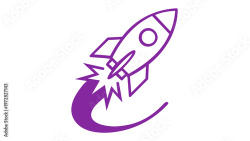 Purple rocket ship launch vector icon illustration. Minimalist flat design of a spacecraft taking off with exhaust trail. Scalable AI-generated graphic for startup, business growth, and space travel.