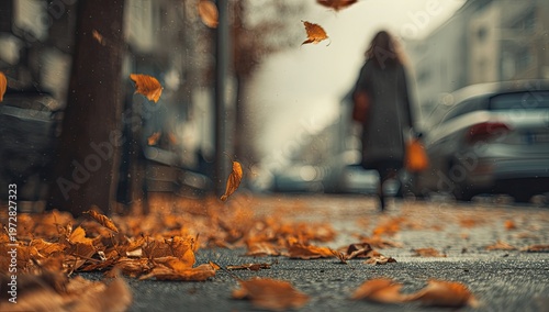 Autumnal Scene with Falling Leaves and a Solitary Figure.