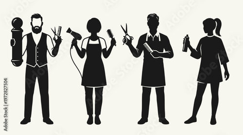 Barber and hairstylist character set with salon tools and poses