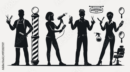 Salon barber and hairstylist characters with haircut equipment
