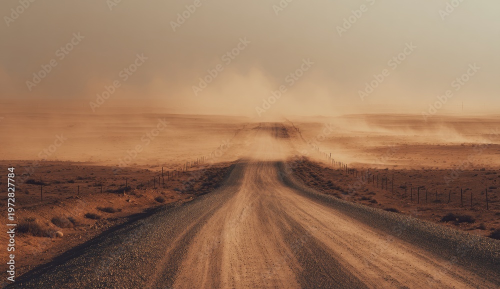 Naklejka premium Dusty Desert Road Leading Towards a Hazy Horizon.