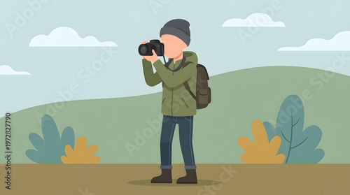 Man with Camera Taking Photograph Outdoors.