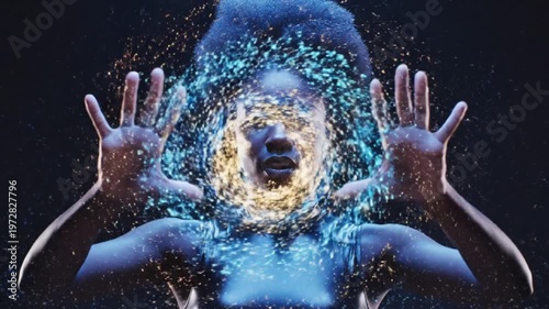 Woman with flowing digital particles artistic representation concept