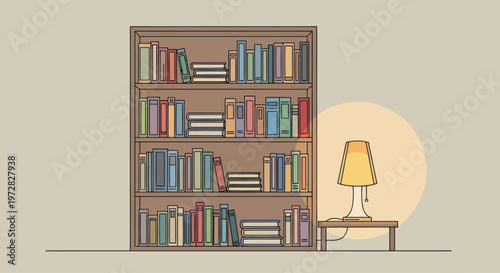 Cozy home library with a brightly lit bookshelf illustration.