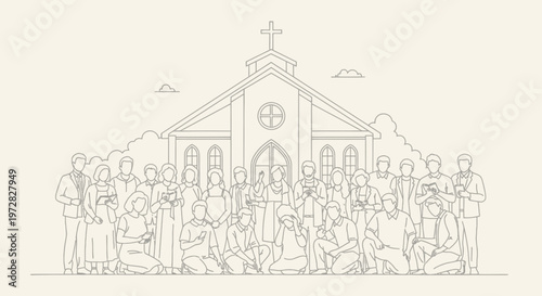 Fotografie Diverse Church Community Gathering in Front of a House of Worship