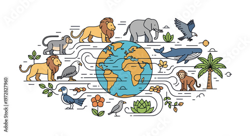 Global biodiversity with various animals and plants surrounding planet Earth.