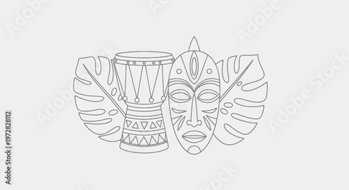 Line art illustration of an African tribal mask, djembe drum, and monstera leaves