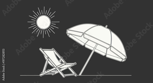 Minimalist line art illustration of a beach chair and umbrella under the sun.