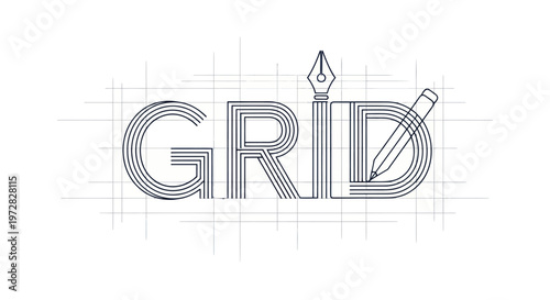 Minimalist graphic design layout with the word GRID and drawing tools
