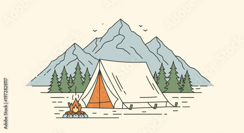 Minimalist line art illustration of a camping tent and campfire in the mountains
