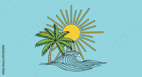 Minimalist illustration of a tropical beach with a sun, palm tree, and ocean waves