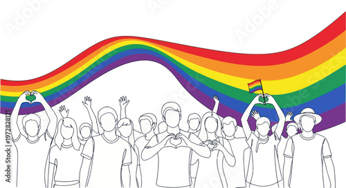 Diverse group of people celebrating LGBTQ pride parade under a rainbow flag