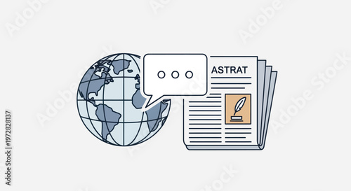Global news and communication concept with earth, speech bubble, and newspaper stack.