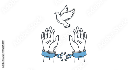 Hands breaking free from shackles with a flying dove symbolizing peace and liberation.