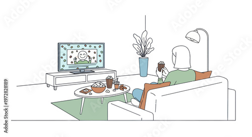 A person relaxing on the couch watching TV and eating popcorn at home.