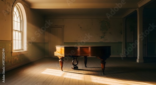 piano in empty room with sunlight from window, calm emotional atmosphere