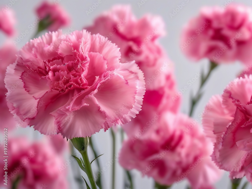 Fototapeta premium Pink carnation flowers soft bokeh white background