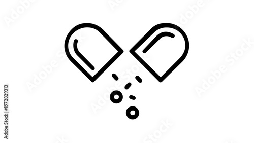 Minimalist Pill Capsule Vector Icon Illustration of a Split Open Medical Capsule Spilling Medicine Pellets, Ideal for Healthcare, Pharmacy, and Medical Treatment Graphic Design Projects.