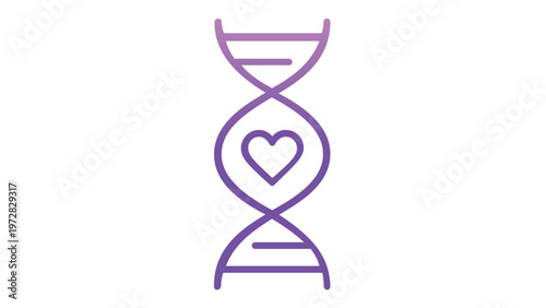 DNA Helix with Heart Symbol Vector Illustration, Minimalist Purple Gradient Line Art Icon for Medical Research, Genetic Health, Biotechnology, Science, and Healthcare Design Projects.