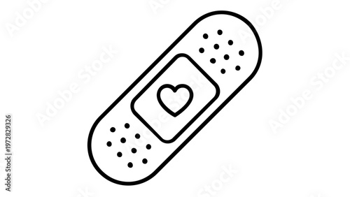 Minimalist adhesive bandage vector icon illustration with a heart symbol, representing first aid, medical care, healing, and love, scalable flat line art design for healthcare and wellness.