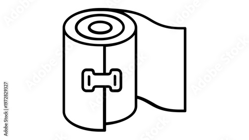 Medical bandage roll vector icon illustration. Minimalist flat line art of an elastic compression wrap with clip for first aid, injury recovery, healthcare, and medical treatment. Scalable.