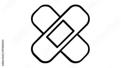 Minimalist crossed adhesive bandage vector icon illustration for medical first aid and wound care, featuring a clean black line art design on a white background for healthcare and medicine.